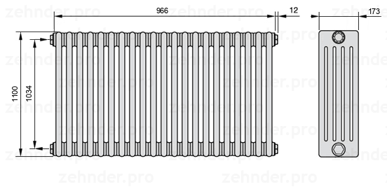 Схема (чертеж) Радиатор Zehnder Charleston 5110/21 №1270 Белый глянцевый RAL 9016